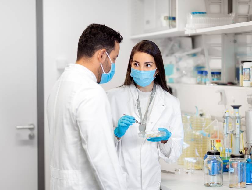 Zwei Forschende stehen in einem Labor und besprechen sich.