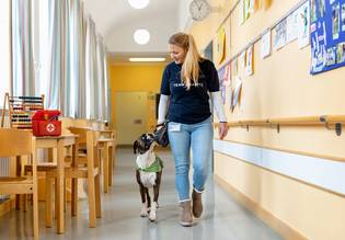 Therapiehund Rosa mit Trainerin Stephanie auf den Gängen der Kinderpsychiatrie der Charité
