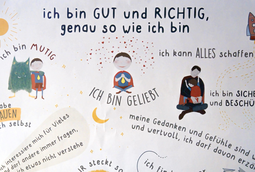 Charite Station 39i, auf dem Stationsflur hängt ein kreatives Stationsposter mit positiv bestärkenden Inhalten