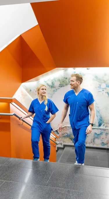 2 Physiotherapeuten gehen die Stufen im Treppenhaus des Bettenhochhauses hinauf