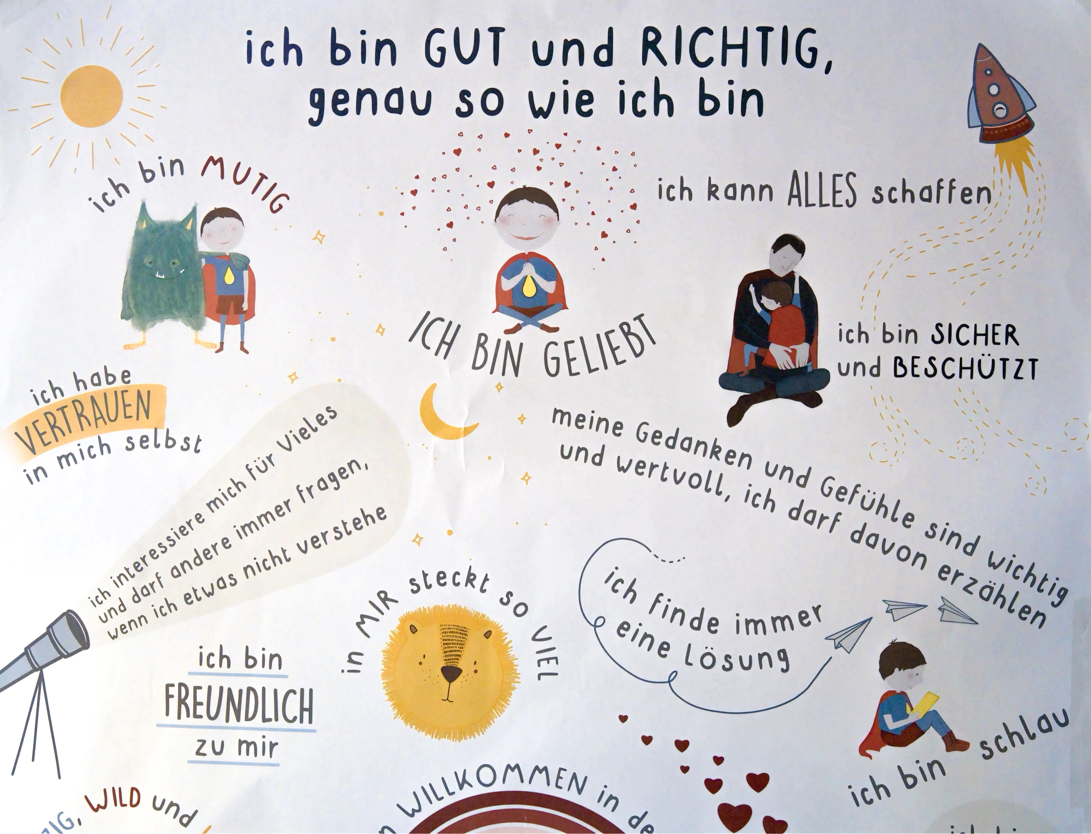 Charite Station 39i, auf dem Stationsflur hängt ein kreatives Stationsposter mit positiv bestärkenden Inhalten